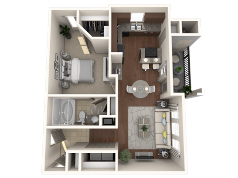 A 3D floor plan of a house showing a kitchen, living room, and bathroom.